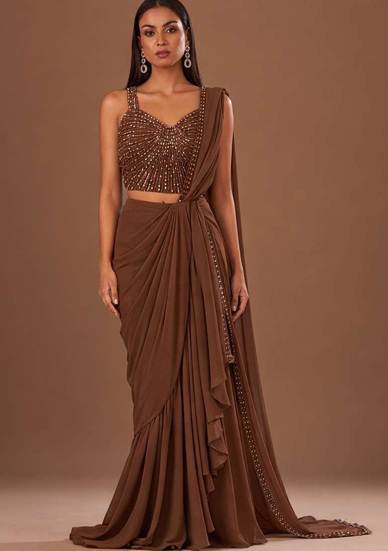 Chocolate Brown Chinon Handwork Pre Draped Saree Set - Indya