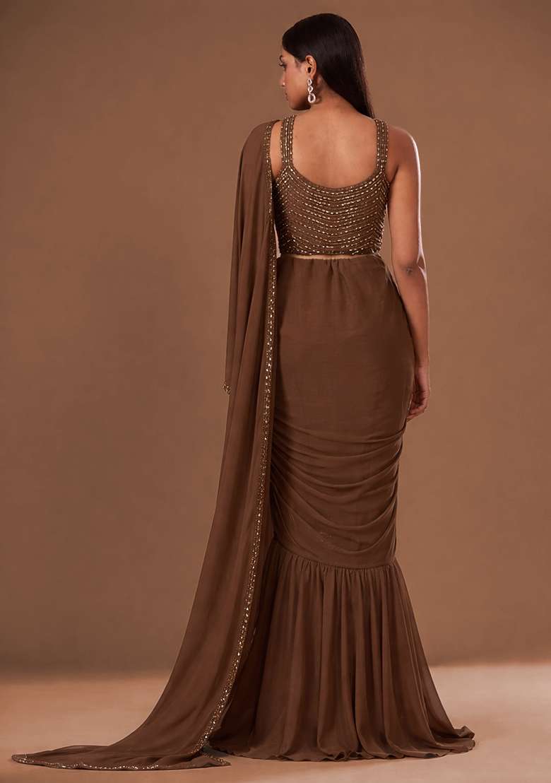Chocolate Brown Chinon Handwork Pre Draped Saree Set - Indya