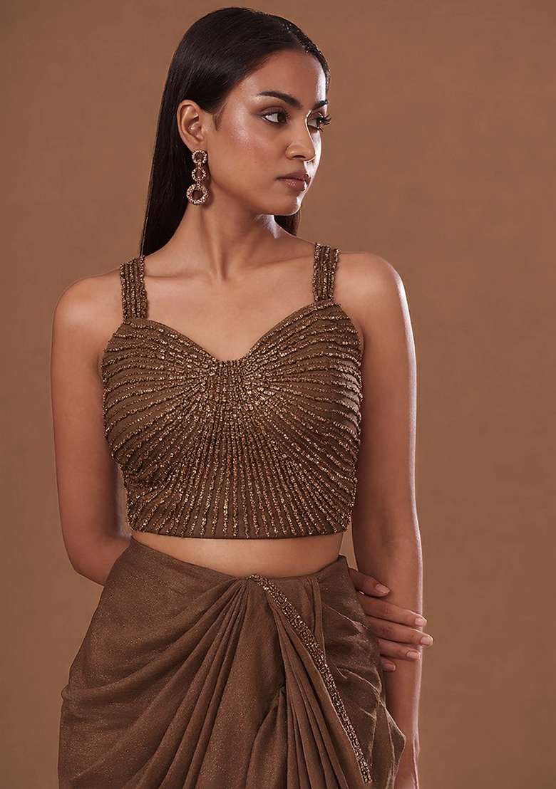 Chocolate Brown Chinon Handwork Pre Draped Saree Set - Indya
