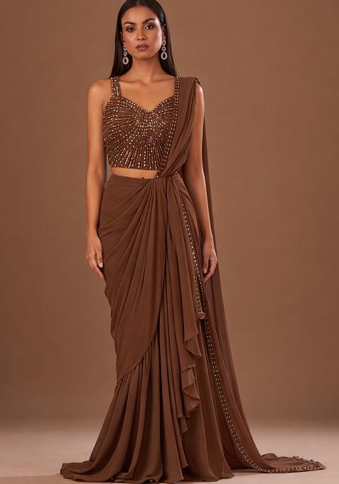 Chocolate Brown Chinon Handwork Pre Draped Saree Set
