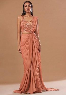 Peach Chinon Handwork Pre Draped Saree Set
