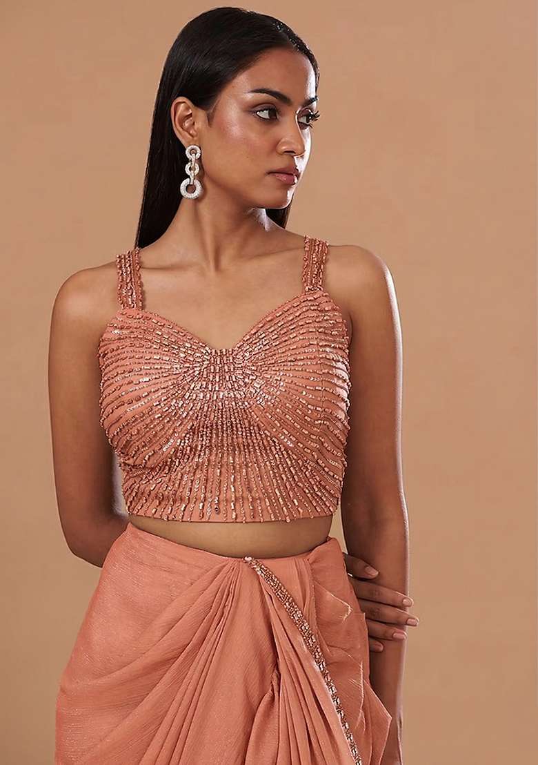 Peach Chinon Handwork Pre Draped Saree Set - Indya