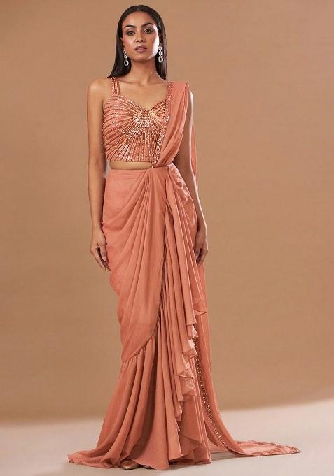 Peach Chinon Handwork Pre Draped Saree Set