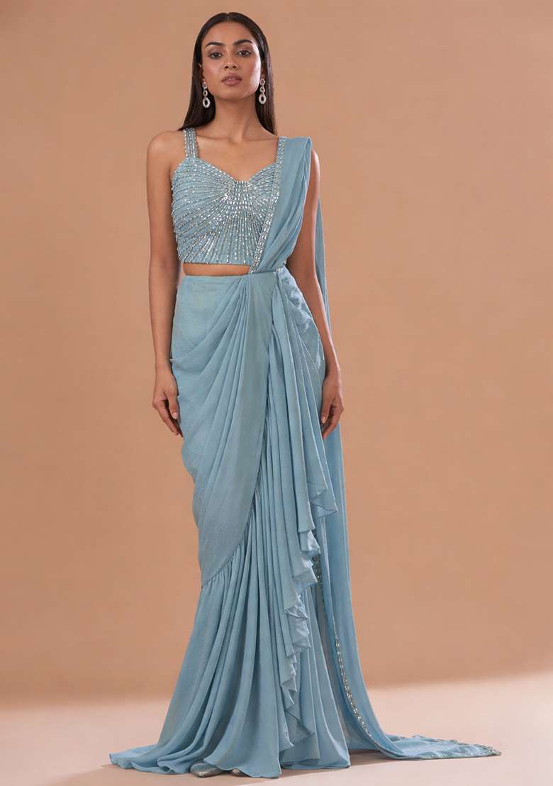 Powder Blue Chinon Handwork Pre Draped Saree Set - Indya