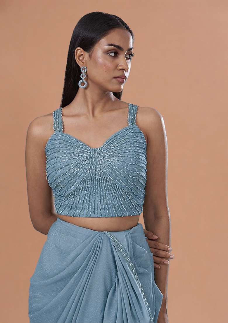 Powder Blue Chinon Handwork Pre Draped Saree Set - Indya