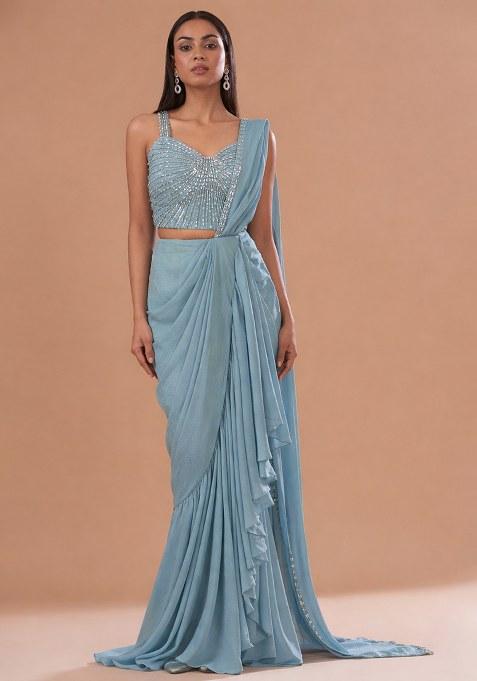 Powder Blue Chinon Handwork Pre Draped Saree Set