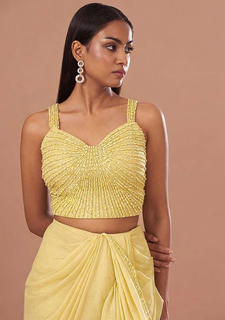 Yellow Chinon Handwork Pre Draped Saree Set - Indya