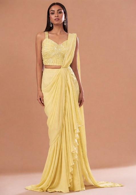 Yellow Chinon Handwork Pre Draped Saree Set