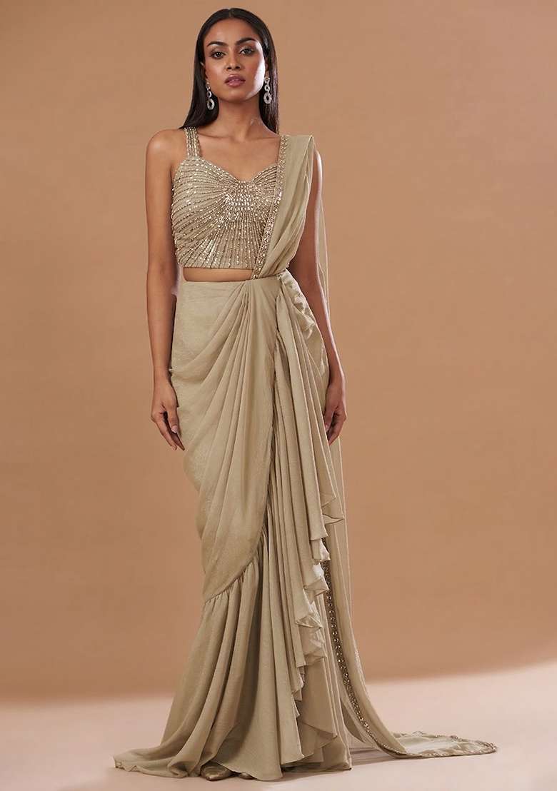 Grey Chinon Handwork Pre Draped Saree Set - Indya