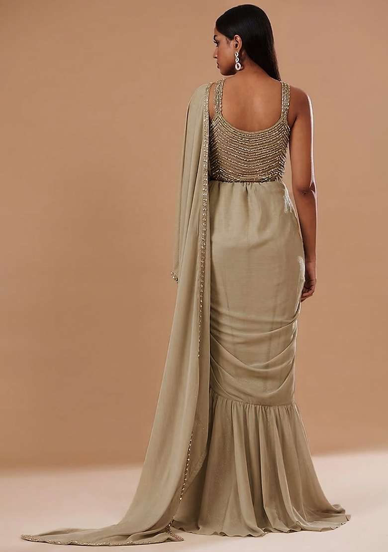 Grey Chinon Handwork Pre Draped Saree Set - Indya
