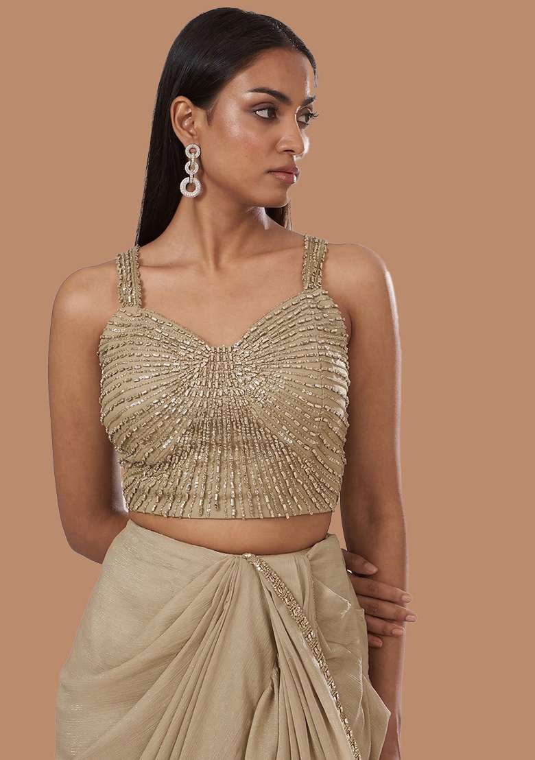 Grey Chinon Handwork Pre Draped Saree Set - Indya
