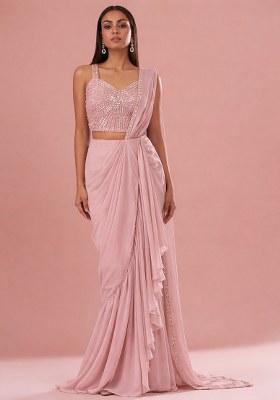 Soft Pink Chinon Handwork Pre Draped Saree Set