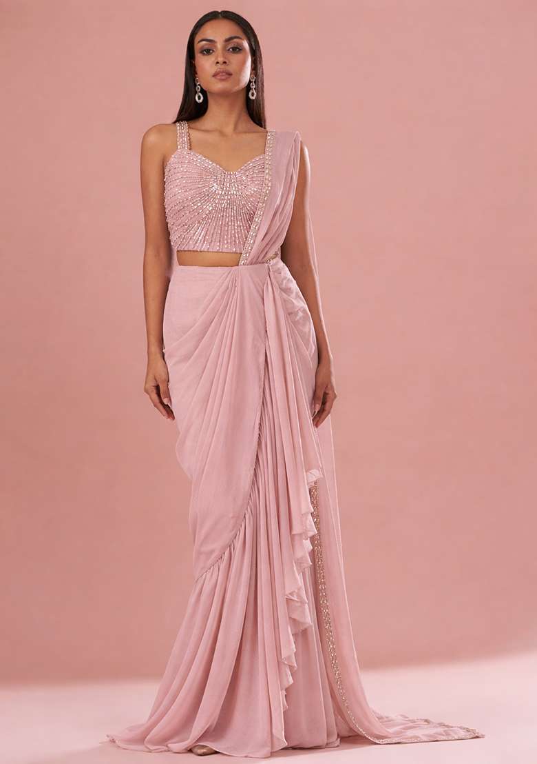 Soft Pink Chinon Handwork Pre Draped Saree Set - Indya