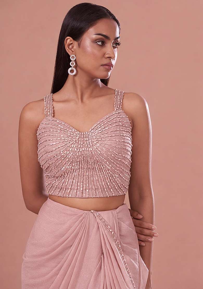 Soft Pink Chinon Handwork Pre Draped Saree Set - Indya