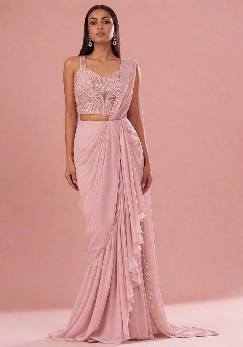 Soft Pink Chinon Handwork Pre Draped Saree Set