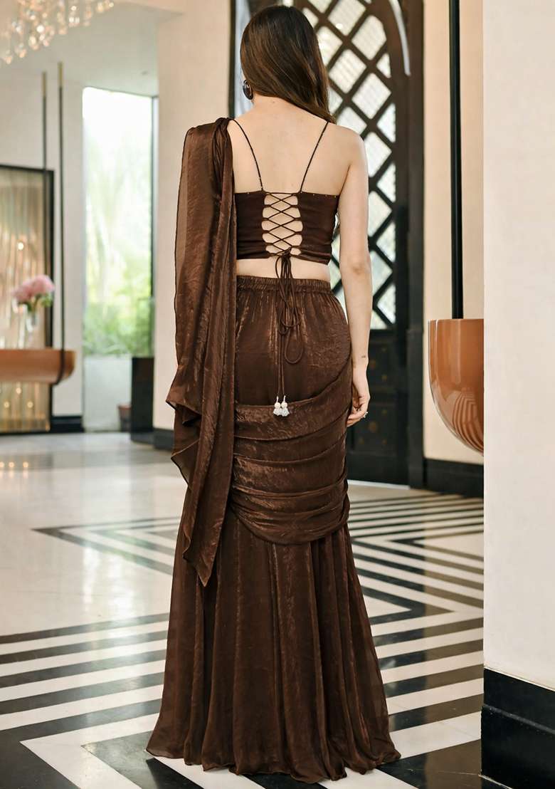 Brown Silk Blend Handwork Pre Draped Saree Set for Diwali and Festive Wear - Indya