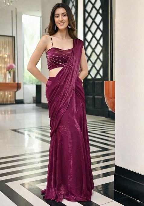 Rani Pink Silk Handwork Pre Draped Saree Set