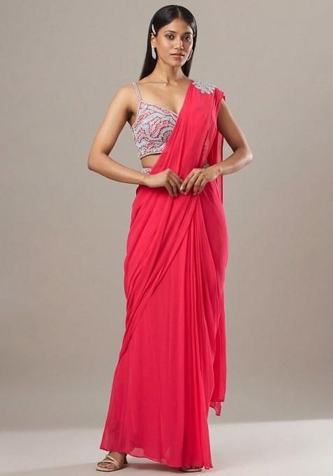 Hot Pink Georgette Handwork Pre Draped Saree Set