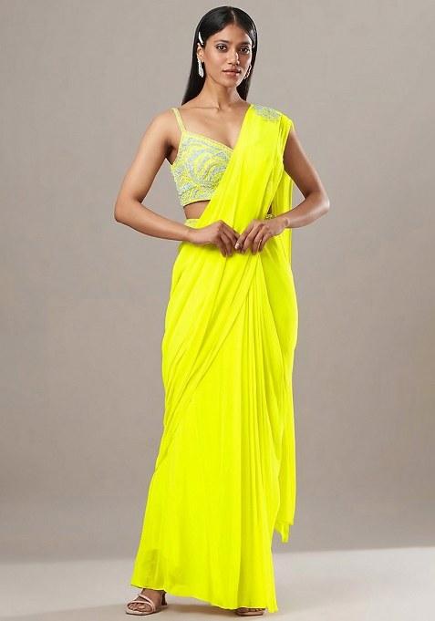 Yellow Georgette Handwork Pre Draped Saree Set