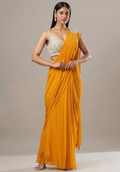 Mustard Georgette Handwork Pre Draped Saree Set