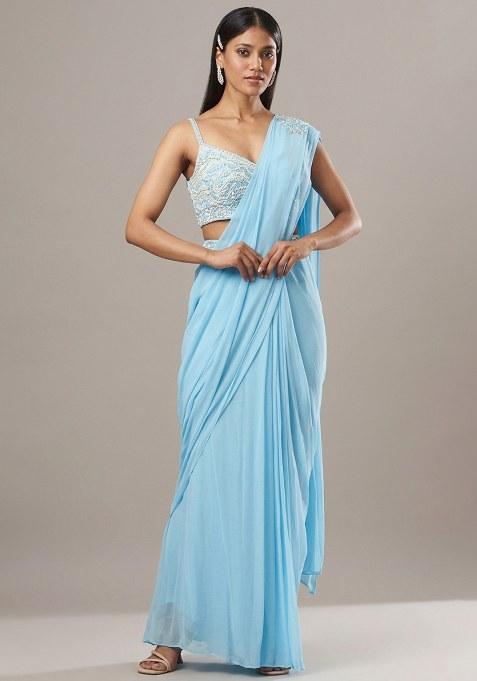 Sky Blue Georgette Handwork Pre Draped Saree Set