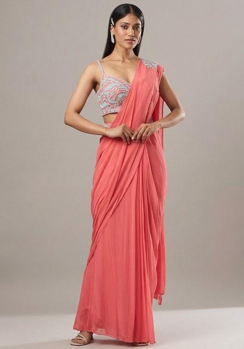 Coral Pink Georgette Handwork Pre Draped Saree Set