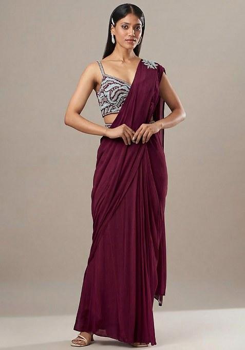 Deep Wine Georgette Handwork Pre Draped Saree Set
