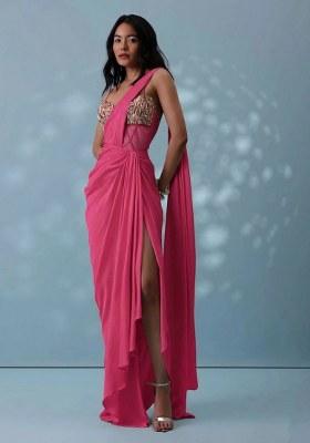Hot Pink Crepe Handwork Pre Draped Saree Set