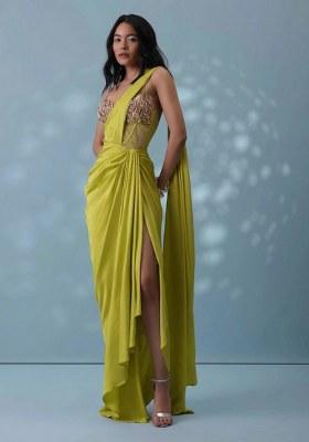 Olive Green Crepe Handwork Pre Draped Saree Set