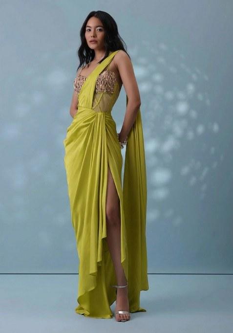 Olive Green Crepe Handwork Pre Draped Saree Set