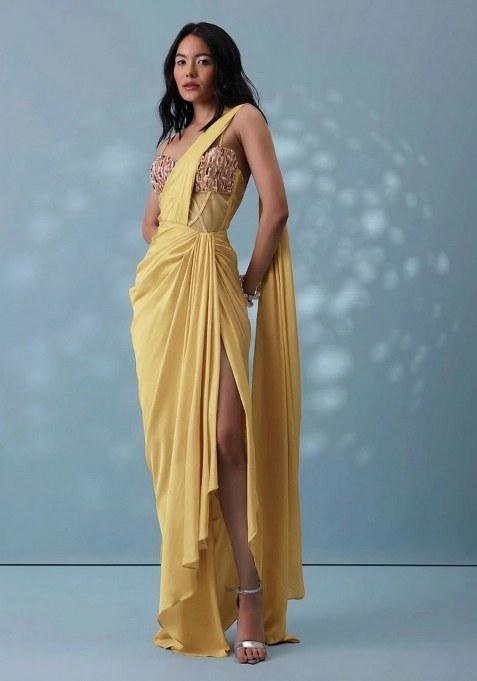Mustard Crepe Handwork Pre Draped Saree Set