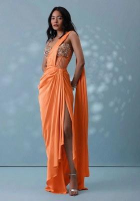 Peach Crepe Handwork Pre Draped Saree Set
