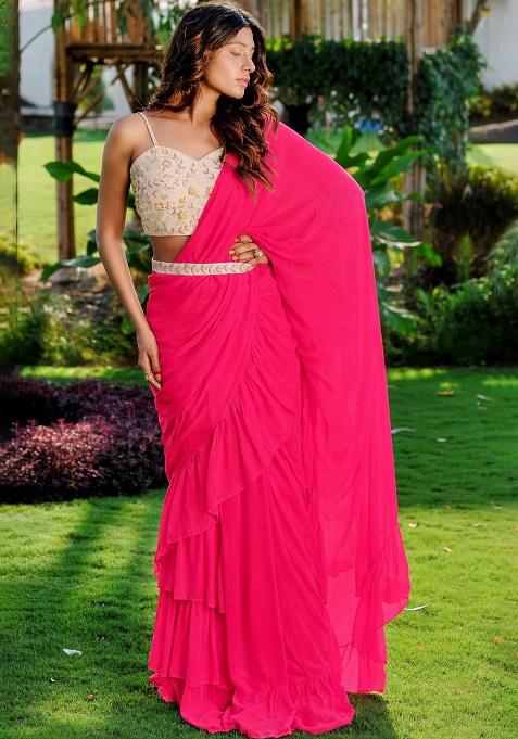 Pink Georgette Handwork Pre Draped Saree Set