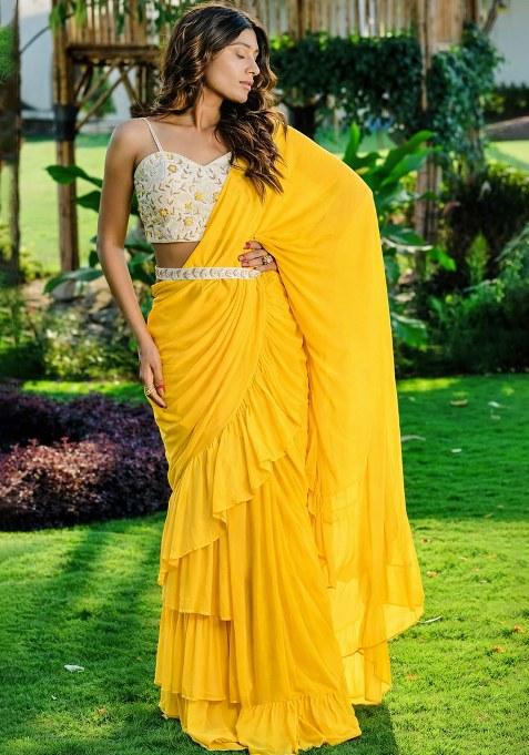 Yellow Georgette Handwork Pre Draped Saree Set