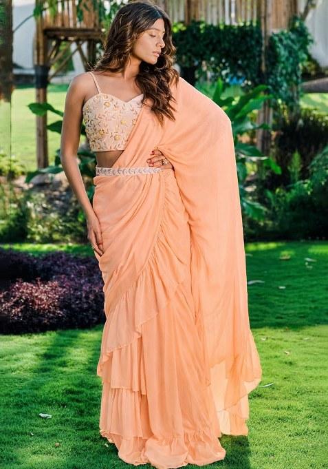 Peach Georgette Handwork Pre Draped Saree Set