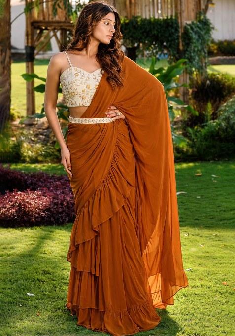 Rust Brown Georgette Handwork Pre Draped Saree Set