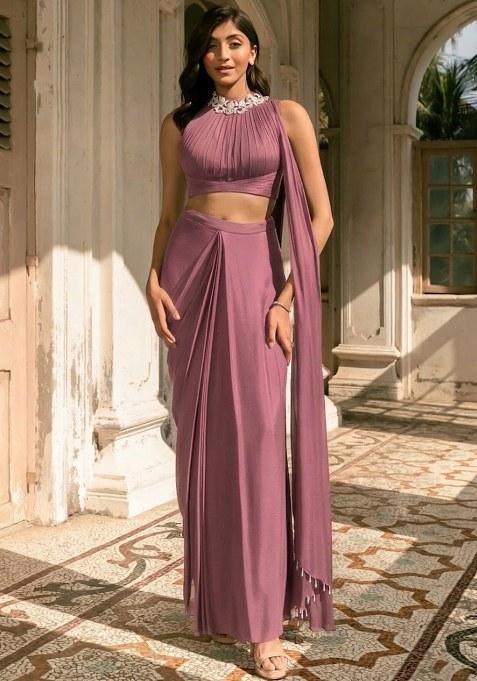 Pink Crepe Handwork Pre Draped Saree Set