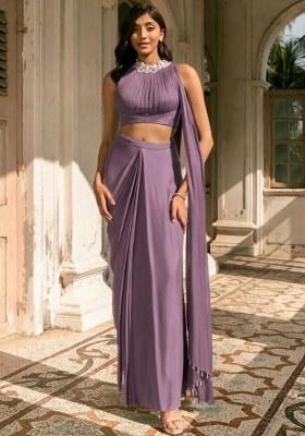 Dusty Purple Crepe Handwork Pre Draped Saree Set