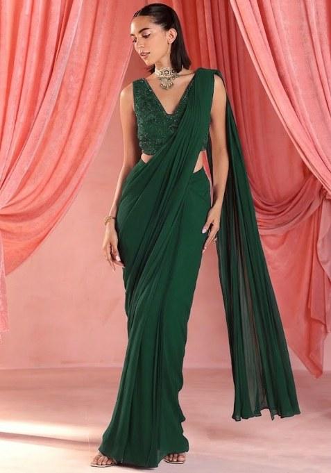 Bottle Green Georgette Handwork Pre Draped Saree Set