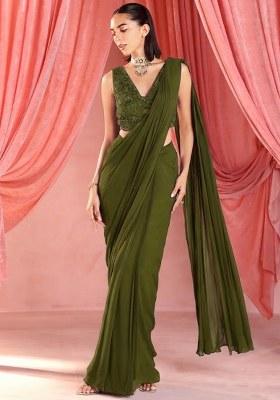 Olive Green Georgette Handwork Pre Draped Saree Set