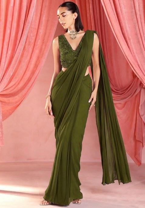 Olive Green Georgette Handwork Pre Draped Saree Set