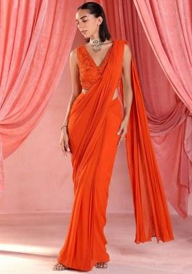 Orange Georgette Handwork Pre Draped Saree Set
