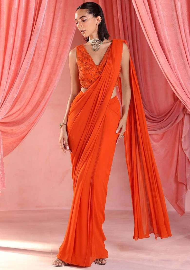 Orange Georgette Handwork Pre Draped Saree Set - Indya