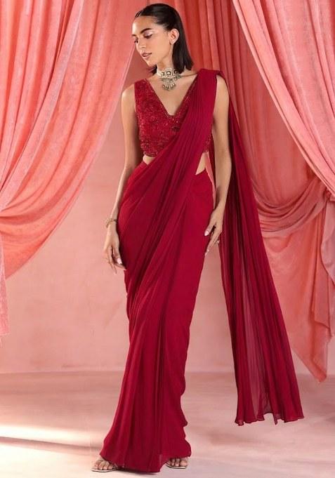 Red Georgette Handwork Pre Draped Saree Set