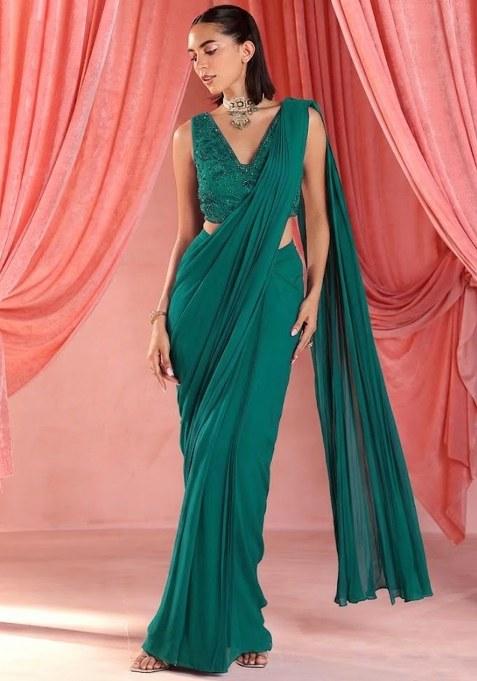 Teal Green Georgette Handwork Pre Draped Saree Set
