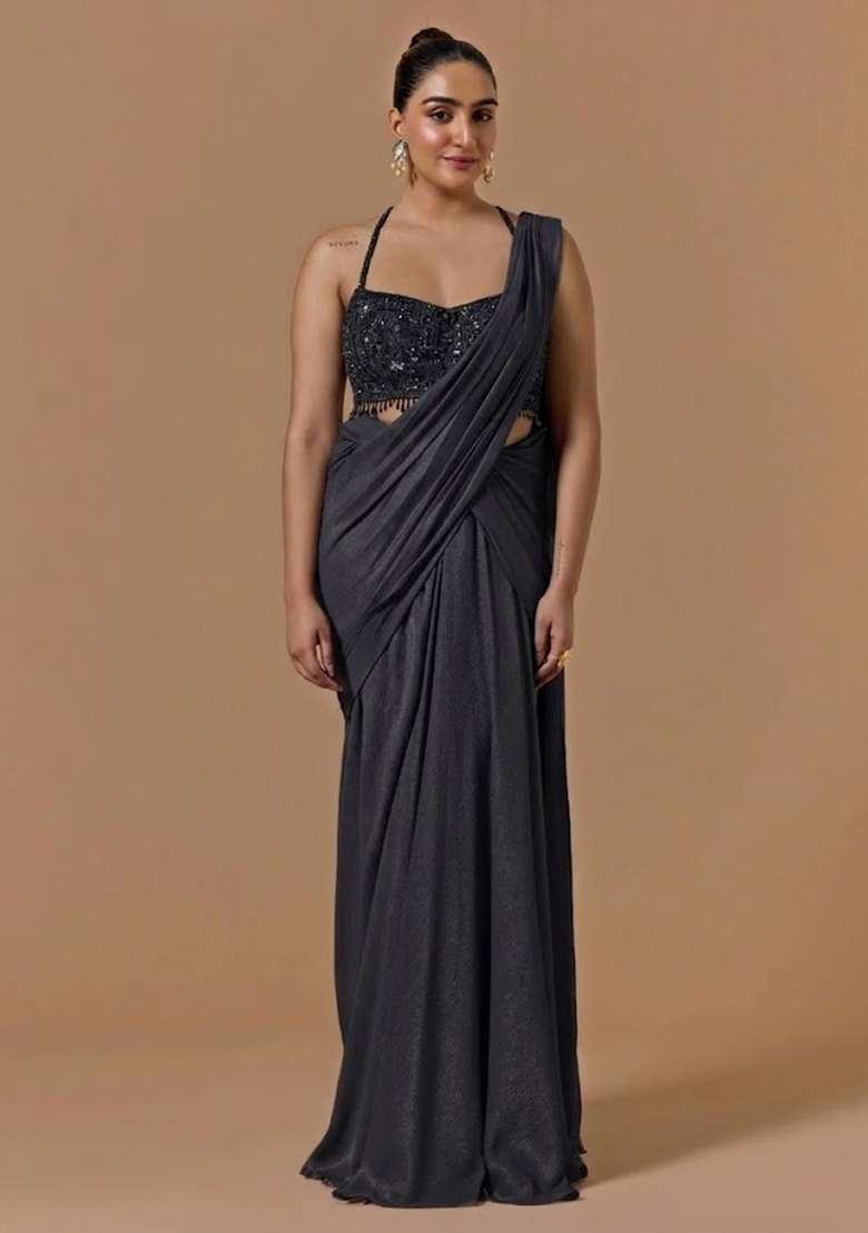 Charcoal Grey Chinon Handwork Pre Draped Saree Set - Indya