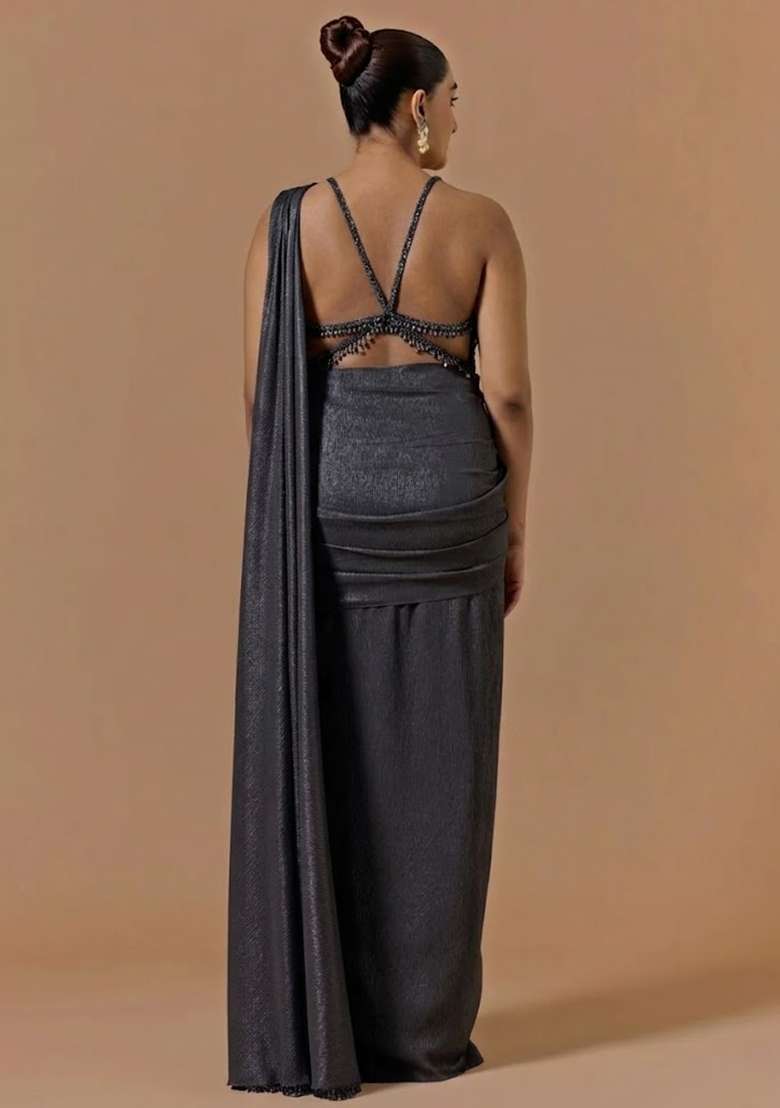 Charcoal Grey Chinon Handwork Pre Draped Saree Set - Indya