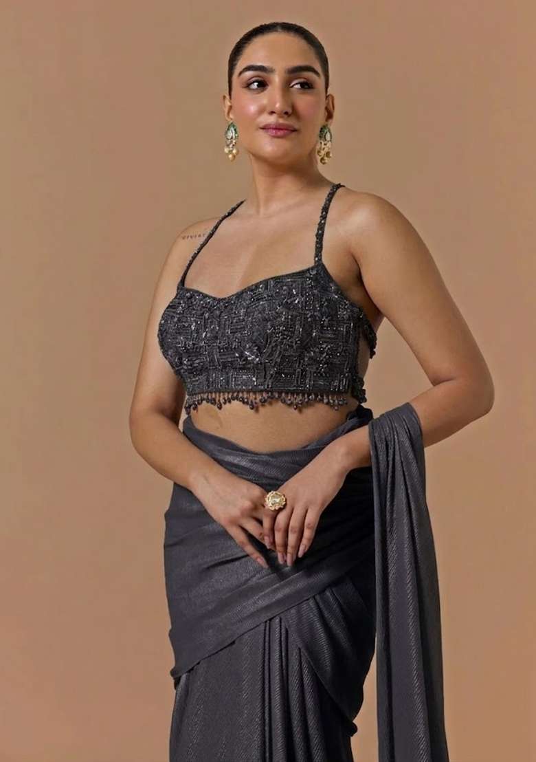 Charcoal Grey Chinon Handwork Pre Draped Saree Set - Indya