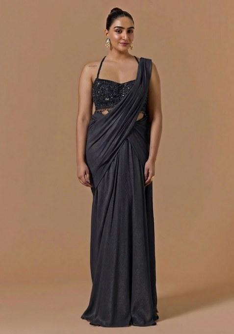 Charcoal Grey Chinon Handwork Pre Draped Saree Set