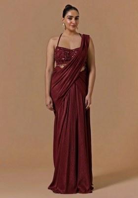 Dark Maroon Chinon Handwork Pre Draped Saree Set